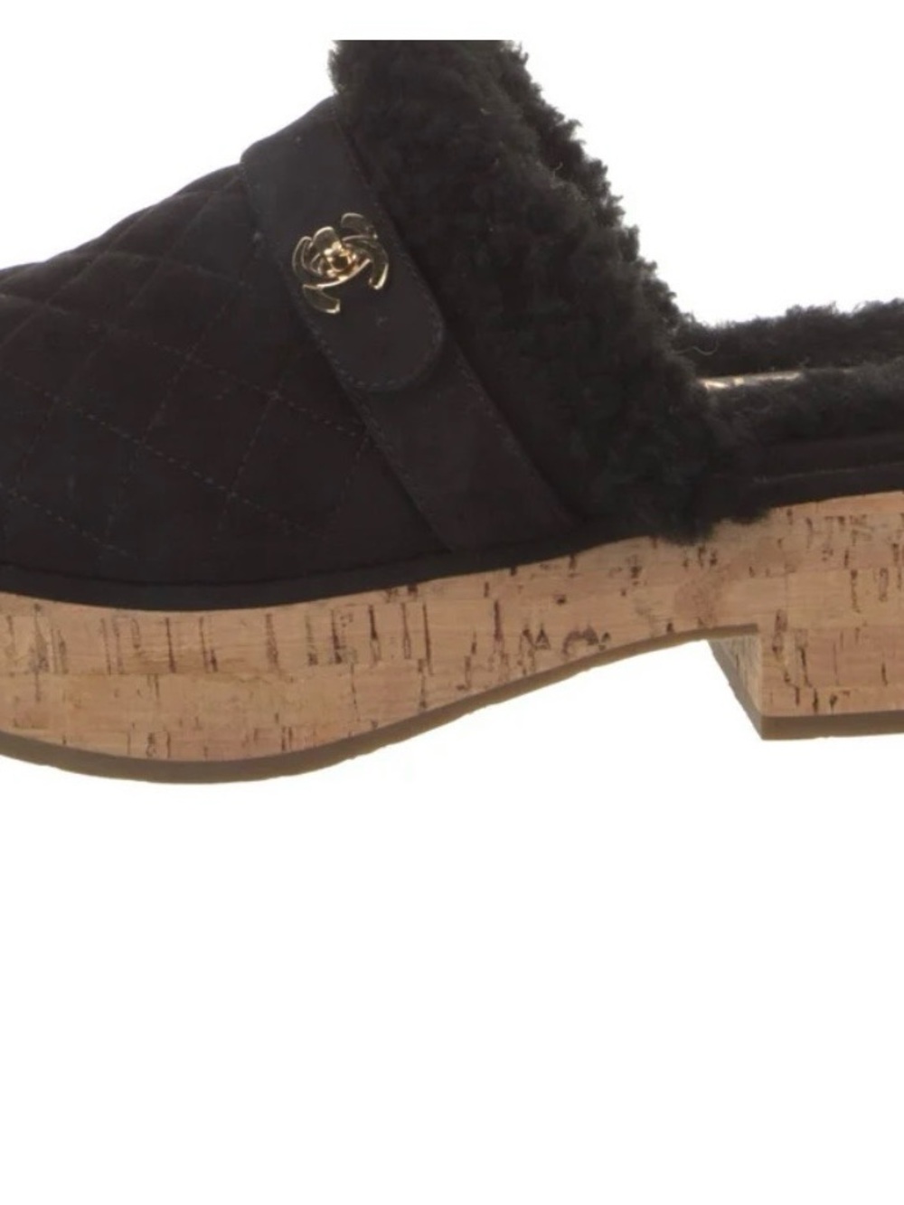 CHANEL Black Quilted Shearling-Lined Cork Platform Clog with Gold CC